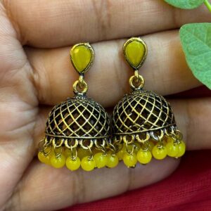 Mehandi Coloured Jumka with Yellow Pearl Kundan Stone